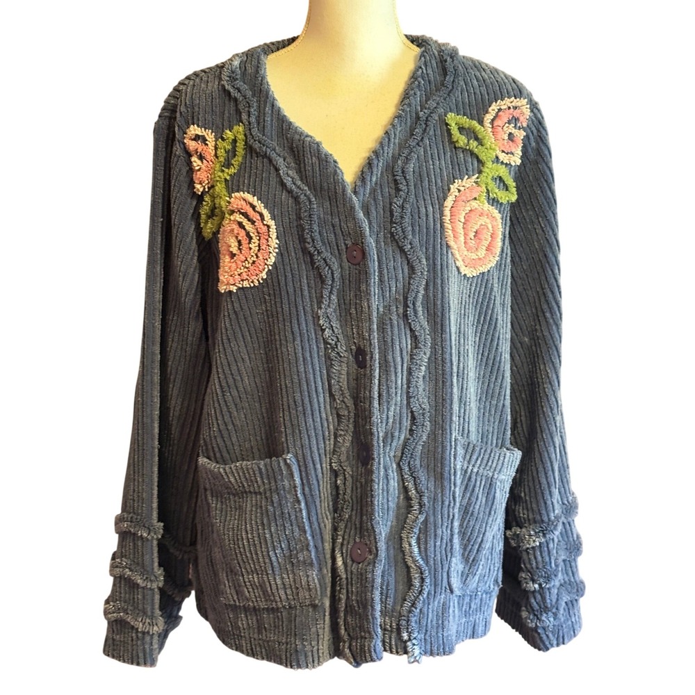 Vermont Country Store Blue Chenille Floral Embroidered Jacket 1X Cottagecore